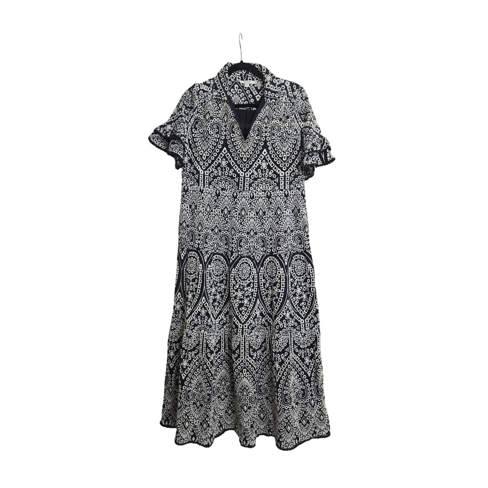 Chicos Navy Blue White Eyelet Embroidered Tiered Dress V-Neck Cotton Size 0/US 4